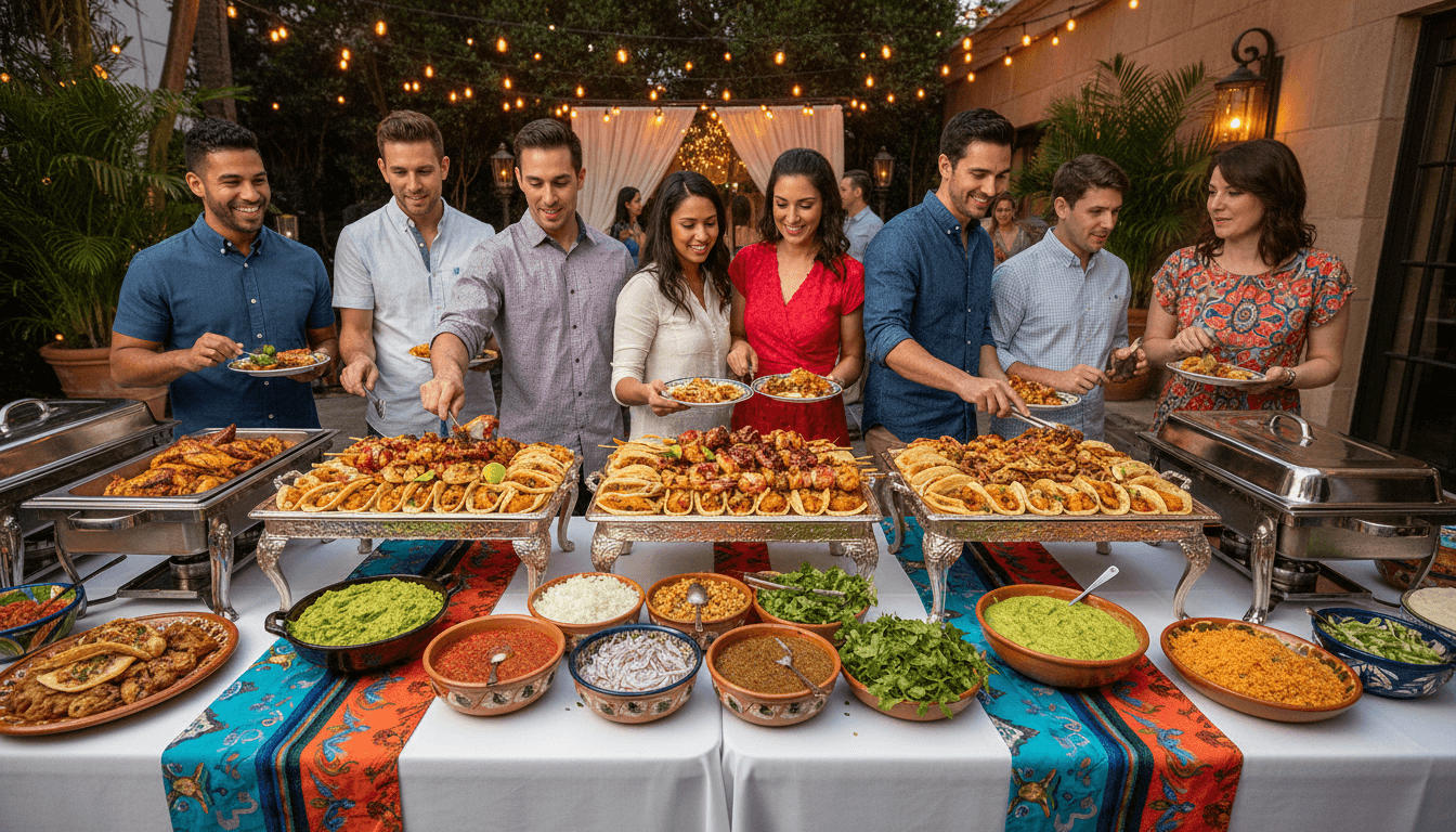 El Tri Tacos y Mariscos catering setup with taco bar and seafood platters