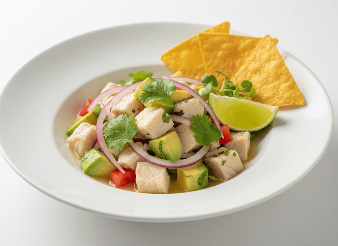 Fresh fish ceviche with avocado and traditional citrus marinade