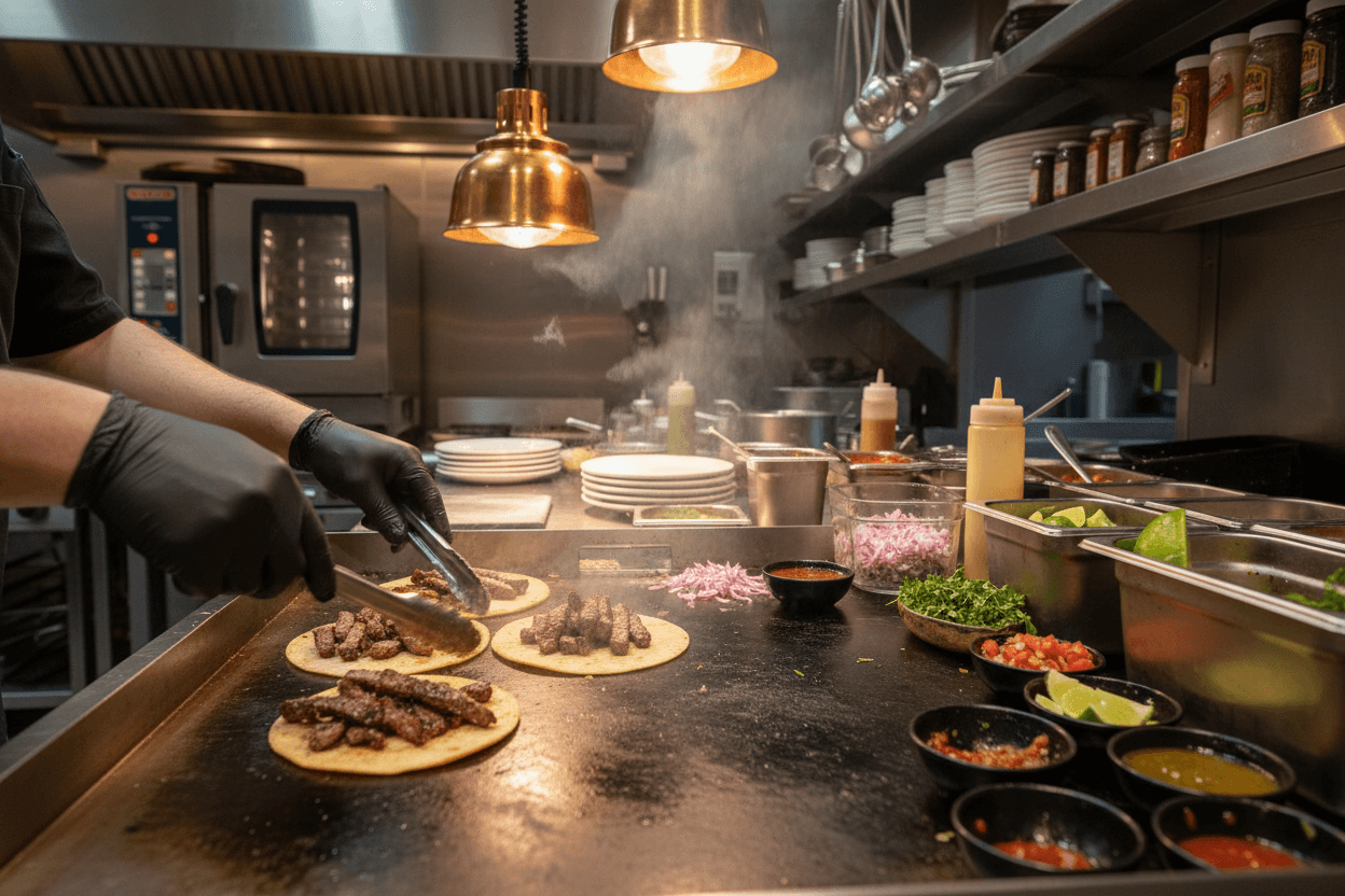 Chef preparing fresh tacos in El Tri kitchen