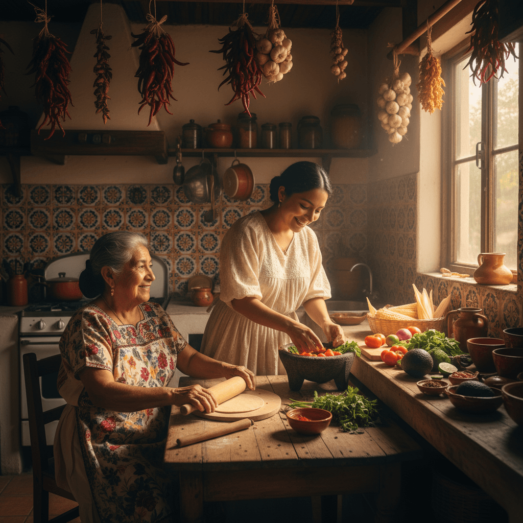 Family preparing traditional Mexican recipes together in kitchen