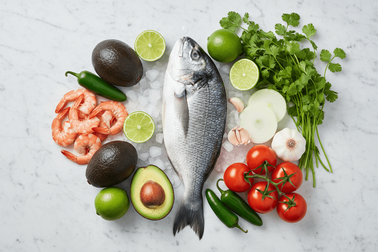 Fresh ingredients for authentic Mexican seafood cuisine including fish, shrimp, avocados, and herbs