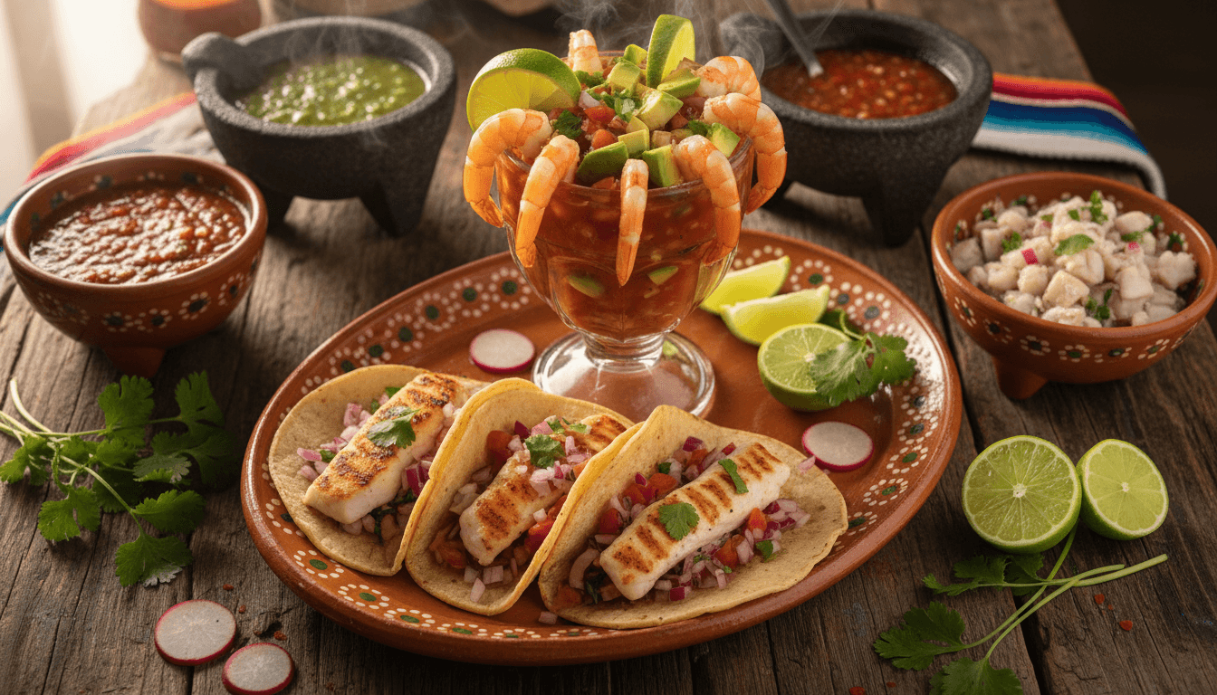 Fresh Mexican seafood platter with shrimp cocktail, fish tacos, and ceviche