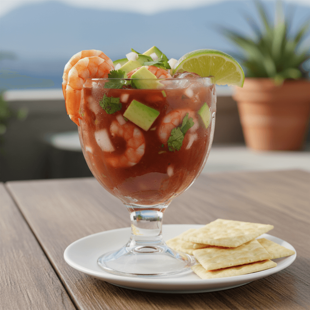 Fresh shrimp cocktail with avocado and traditional Mexican preparation