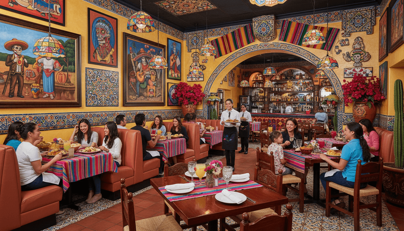 Warm and inviting interior dining room at El Tri Tacos y Mariscos