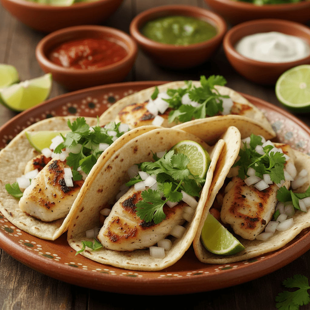 Authentic Mexican fish tacos with fresh cilantro and onions